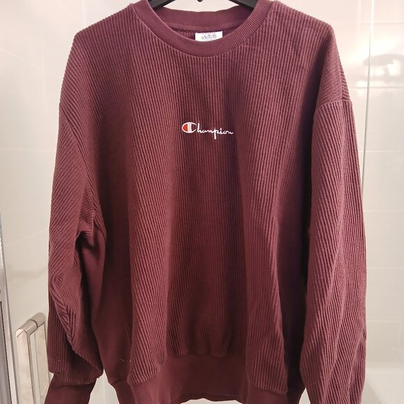 Champion Script Logo Burgundy Corduroy Crew Neck Sweatshirt - Picture 1 of 10